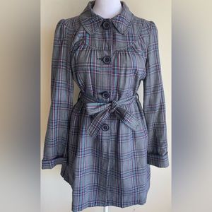 ROXY PLAID 4 BUTTON BELTED DRESS STYLE COAT JACKET, GRAY/PINK/BLUE, SZ M